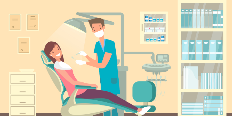 Dentist office with woman doing tooth treatment